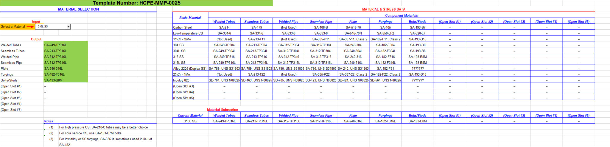 Material Selection Template | Excel Calculation