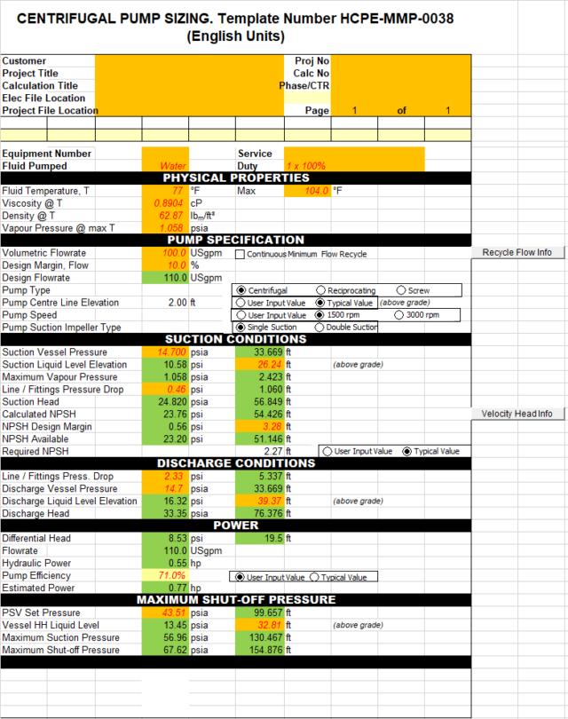 Centrifugal Pump Calculation | Excel Template