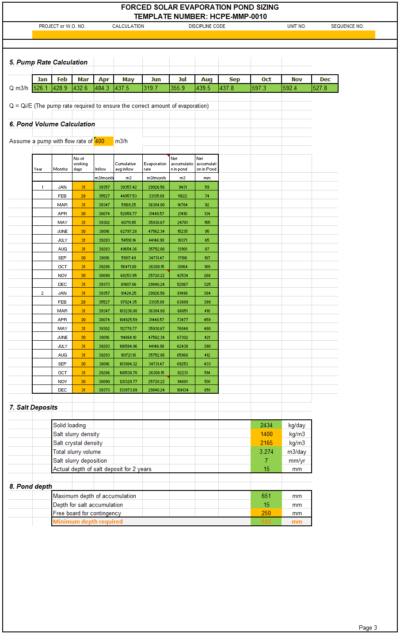 Forced Solar Evaporation Pond | Excel Calculation Template