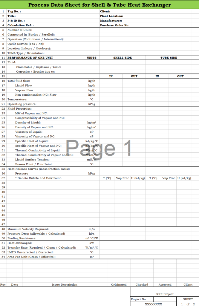 Blank Process Datasheet for Shell & Tube Heat Exchanger - Download