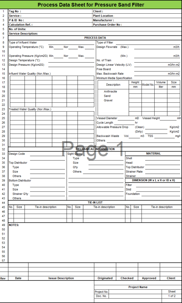 Blank Process Datasheet for Pressure Sand Filter - Download