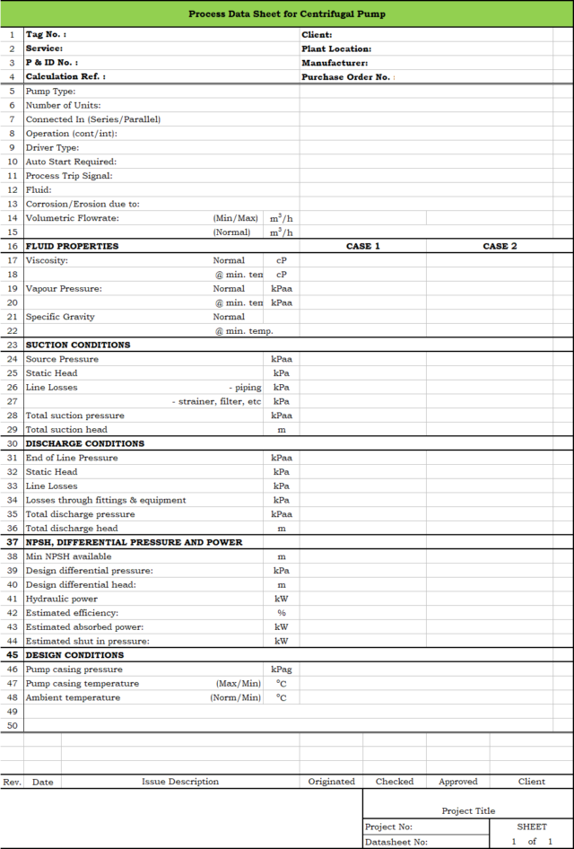 Blank Process Datasheet for Centrifugal Pump for Process Engineers ...