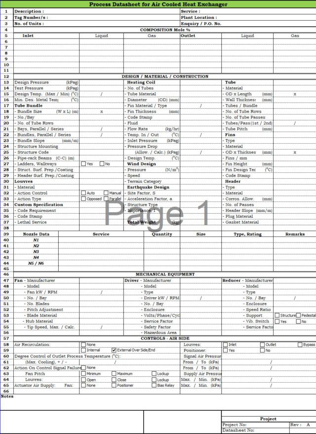 Blank Process Datasheet for Air Cooled Heat Exchanger - Download