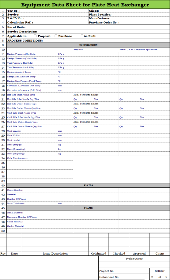 Blank Process Datasheet for Plate Heat Exchanger - Download