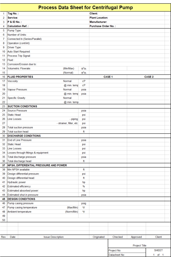 Blank Process Datasheet for Centrifugal Pump for Process Engineers ...