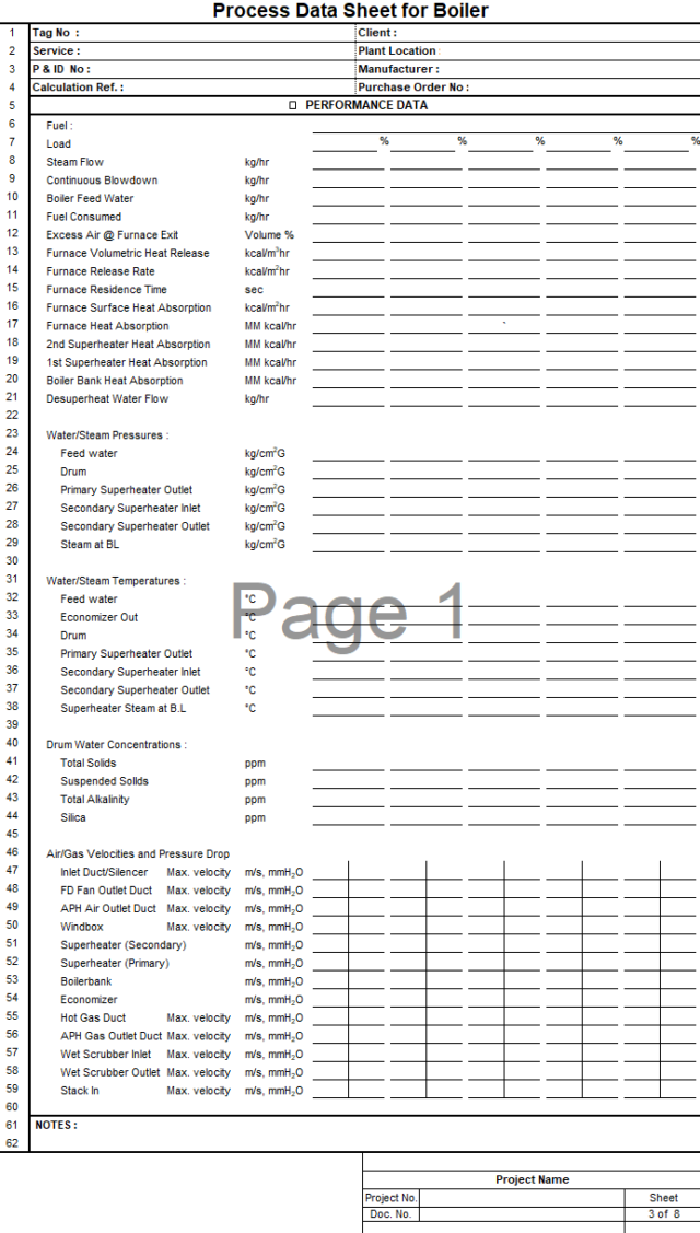Blank Process Datasheet for Boiler - Download