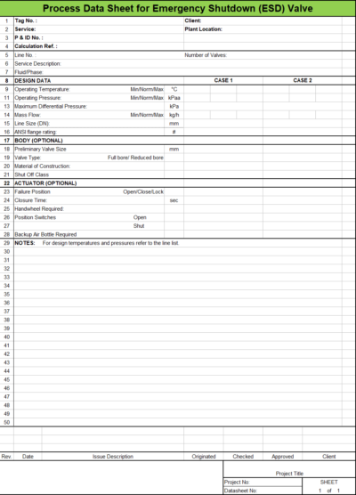 Blank Process Datasheet for Emergency Shutdown Valve - Download
