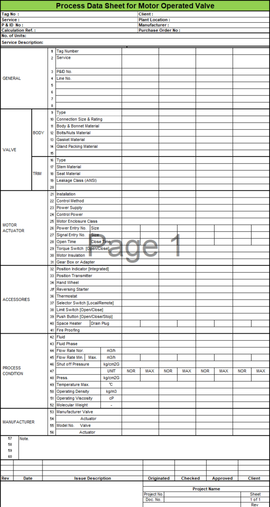 Blank Process Datasheet for Motor Operated Valve - Download