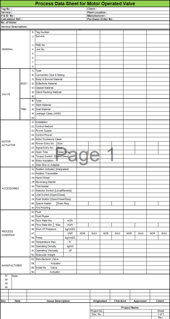 Blank Process Datasheet for Motor Operated Valve - Download