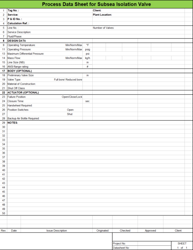 Blank Process Datasheet for Subsea Isolation Valve - Download