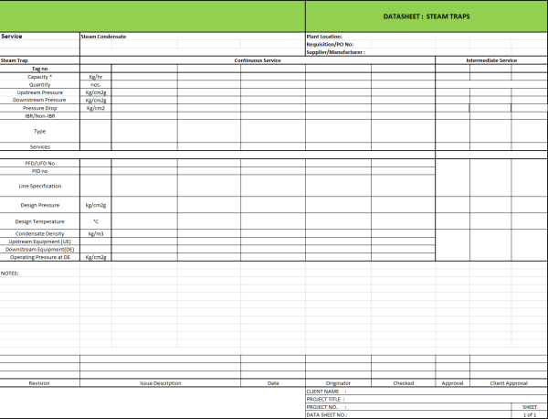 Blank Process Datasheet For Steam Trap For Process Engineers