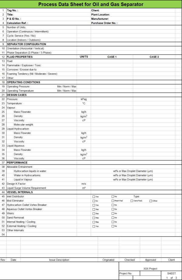 Blank Process Datasheet for Gas-Liquid Separator - Download