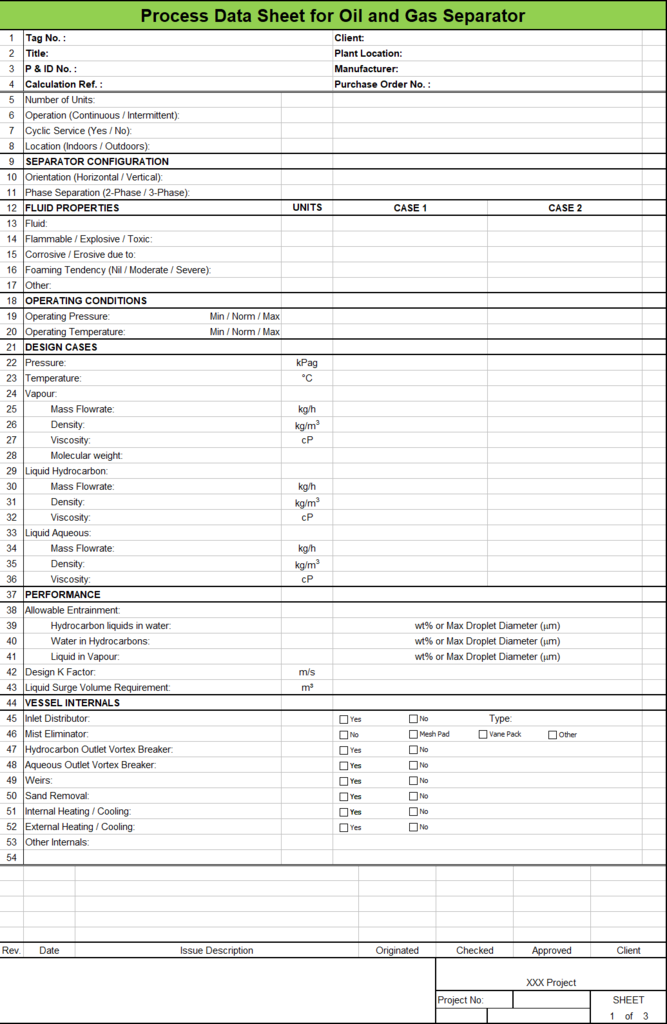 Blank Process Datasheet for Gas-Liquid Separator - Download