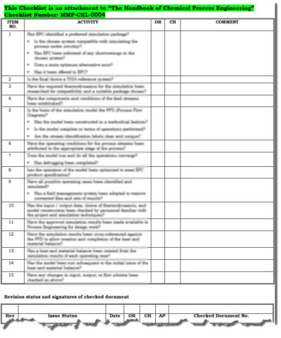 Process Simulation - Blank Checklist Format for a Process Engineer