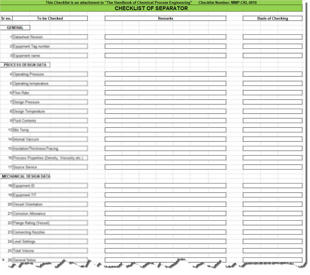 Separator PDS - Blank Checklist Format for a Process Engineer