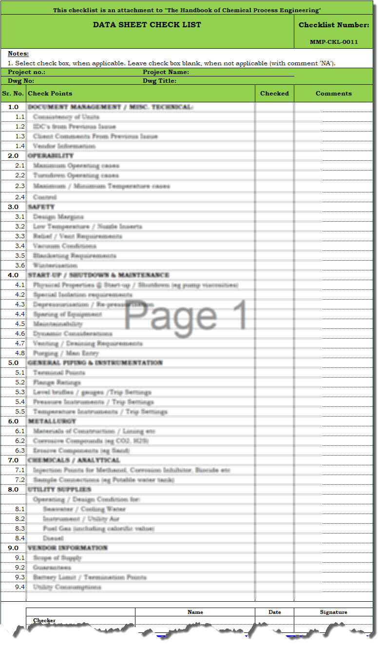 MMP-CKL-0011 Generic Data Sheet Check List